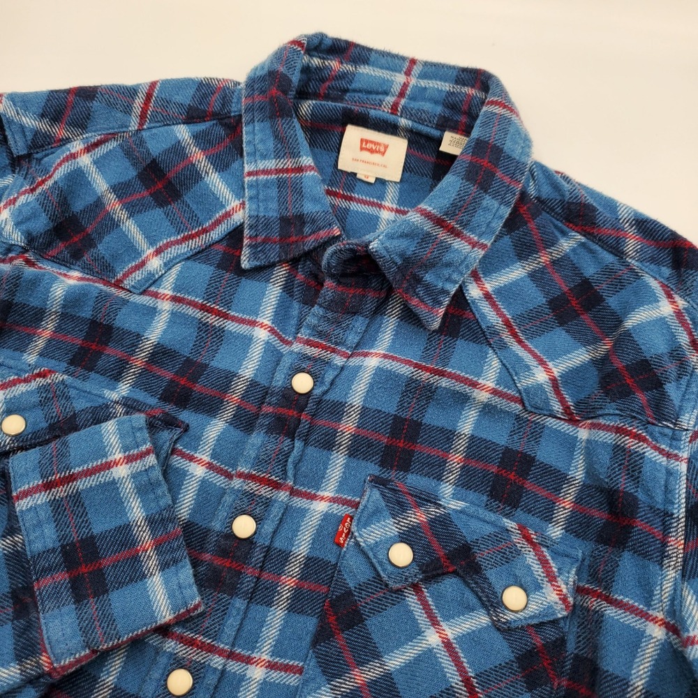 Levis Mens Blue Plaid Western Flannel Pearl Snap‎ Long Sleeve Shirt Size M